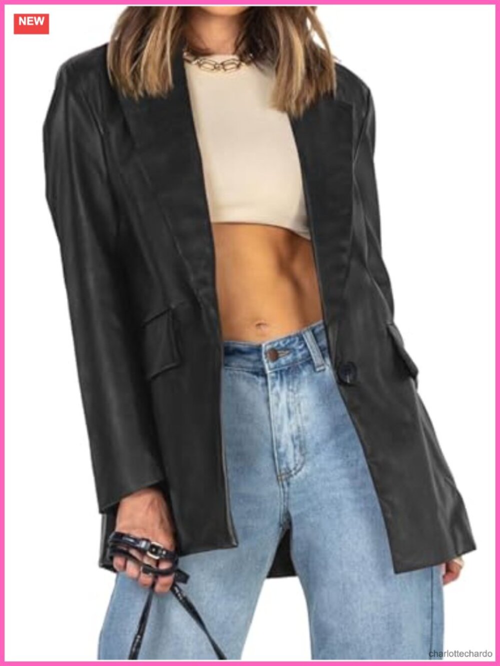 Faux Leather Oversized Blazer Jacket Button Front Long Sleeve